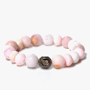 925 Silver Natural Rose Cut Diamond Pink Peruvian Opal Stretch Bracelet
